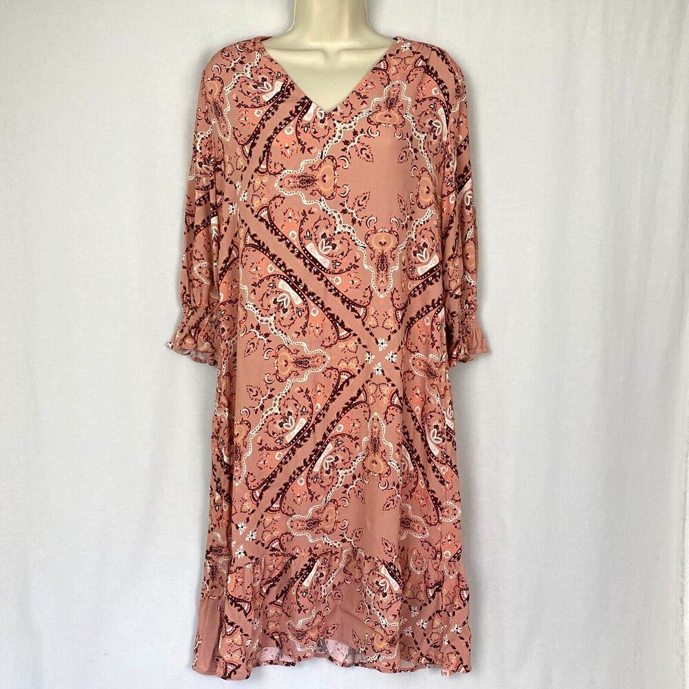 Pure Collection Dress Womens 6 Pink Paisley Midi‎ Shift Ruffle Hem Boho Romantic